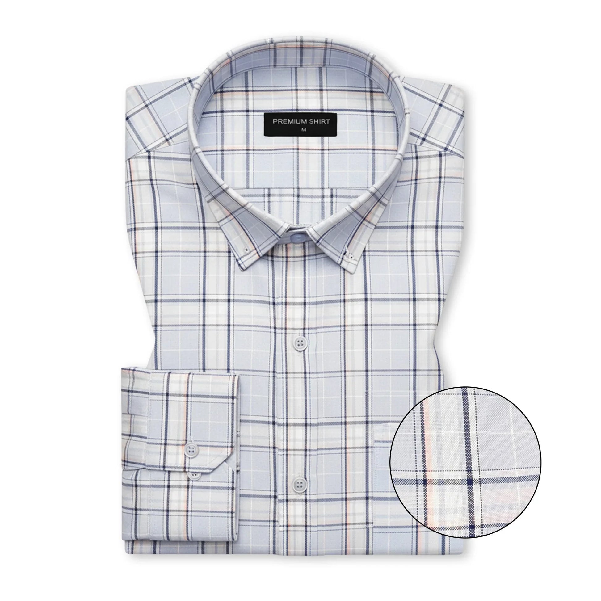 Plaid shirt with a close-up of the fabric on a white background